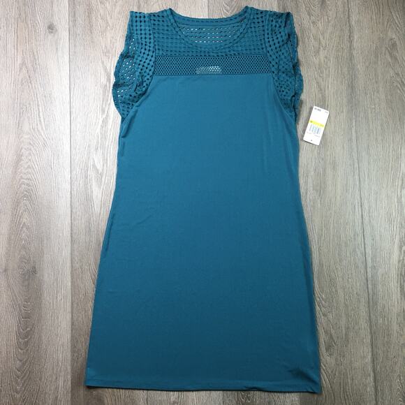 NWT Michael Kors Eyelet Mesh Top Flutter Mini Sheath Dress Dark Cyan Medium - Picture 1 of 7